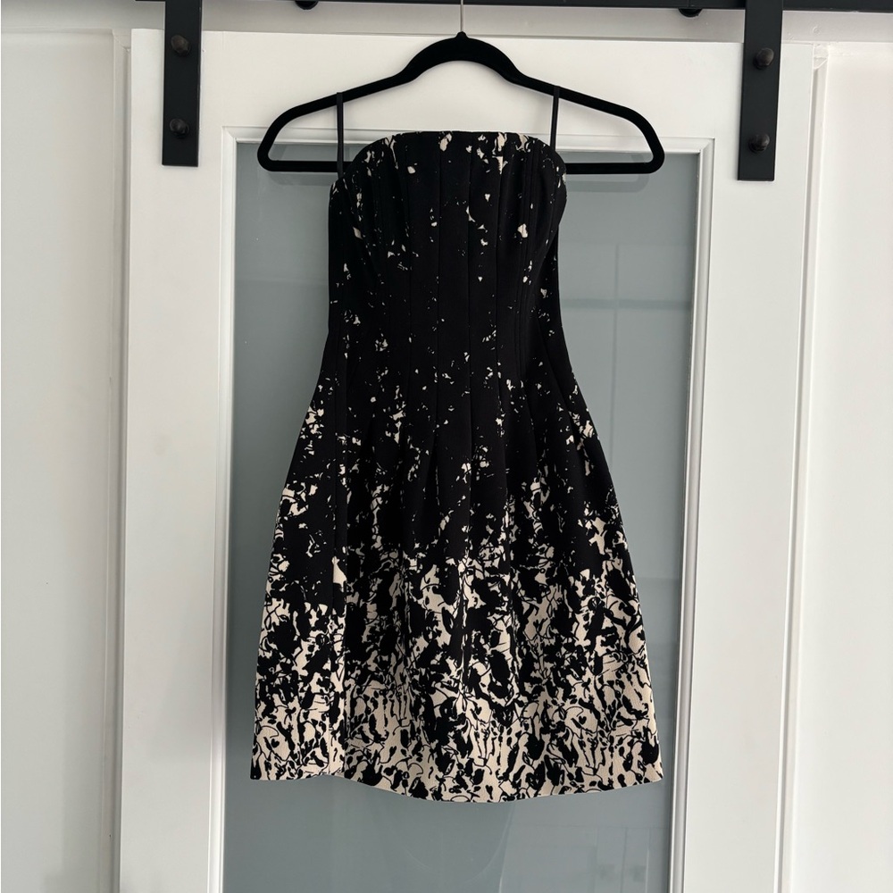 H&M Black Strapless A-line Dress with Cream print design